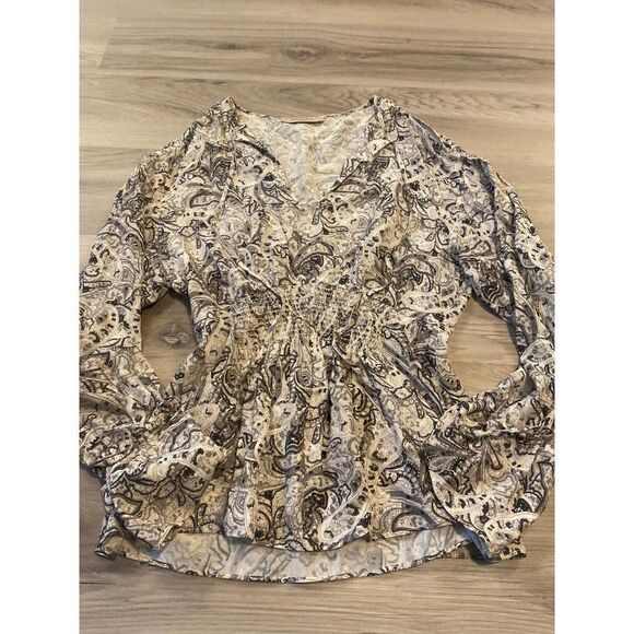 All Saints, women's paisley printed ruched stomach long sleeve blouse size small - Picture 1 of 9